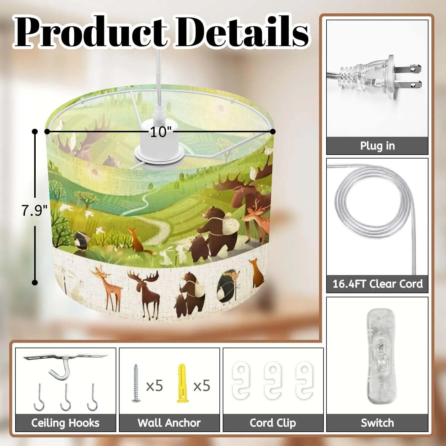 Plug in Pendant Light Hiking Animals Adventures Road Trip Country Landscape Bear Hanging Lamp with Plug in Cord 16.4 ft Dimmable Hanging Light for Bedroom Kitchen Island Living Room