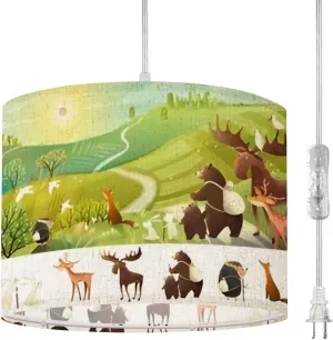 Plug in Pendant Light Hiking Animals Adventures Road Trip Country Landscape Bear Hanging Lamp with Plug in Cord 16.4 ft Dimmable Hanging Light for Bedroom Kitchen Island Living Room