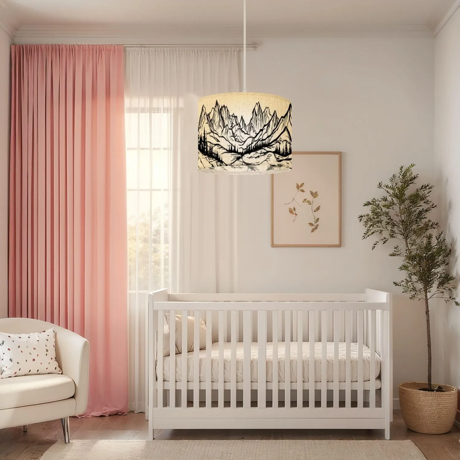 Plug in Pendant Light Sketch Hand Drawn Graphic Mountain ranges Pine Forest Hanging Lamp with Plug in Cord 16.4 ft Dimmable Hanging Light for Bedroom Kitchen Island Living Room