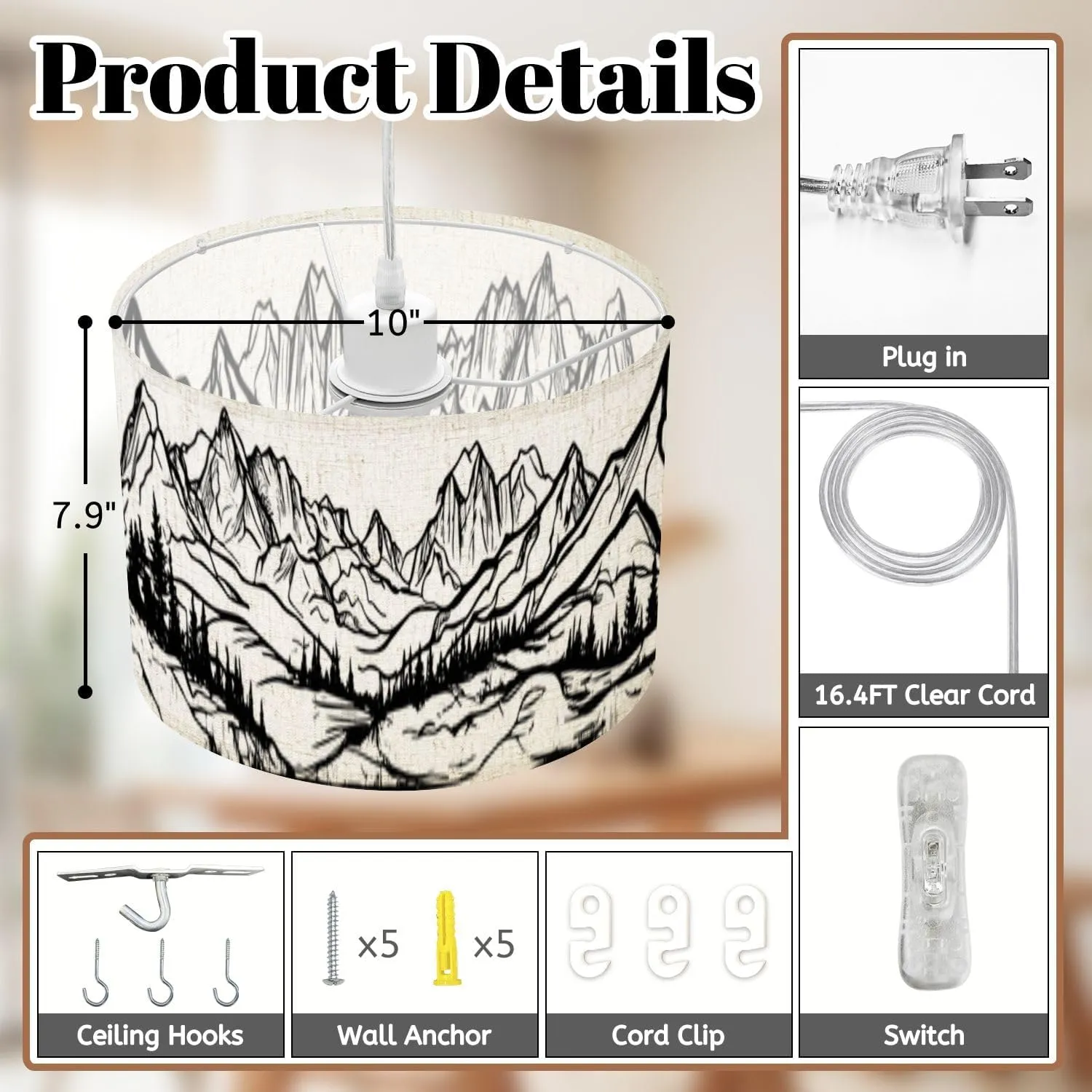 Plug in Pendant Light Sketch Hand Drawn Graphic Mountain ranges Pine Forest Hanging Lamp with Plug in Cord 16.4 ft Dimmable Hanging Light for Bedroom Kitchen Island Living Room
