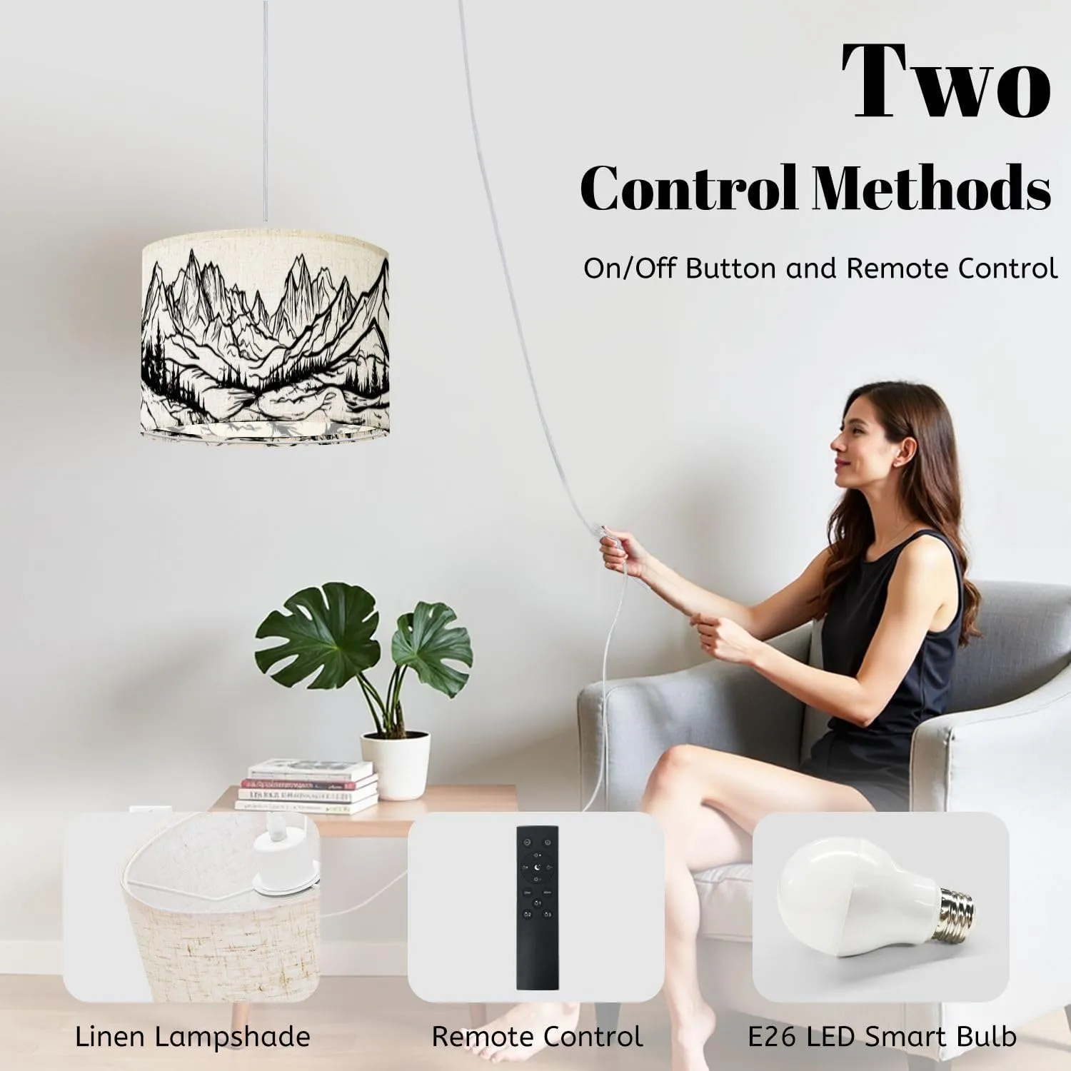 Plug in Pendant Light Sketch Hand Drawn Graphic Mountain ranges Pine Forest Hanging Lamp with Plug in Cord 16.4 ft Dimmable Hanging Light for Bedroom Kitchen Island Living Room