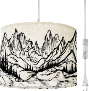 Plug in Pendant Light Sketch Hand Drawn Graphic Mountain ranges Pine Forest Hanging Lamp with Plug in Cord 16.4 ft Dimmable Hanging Light for Bedroom Kitchen Island Living Room