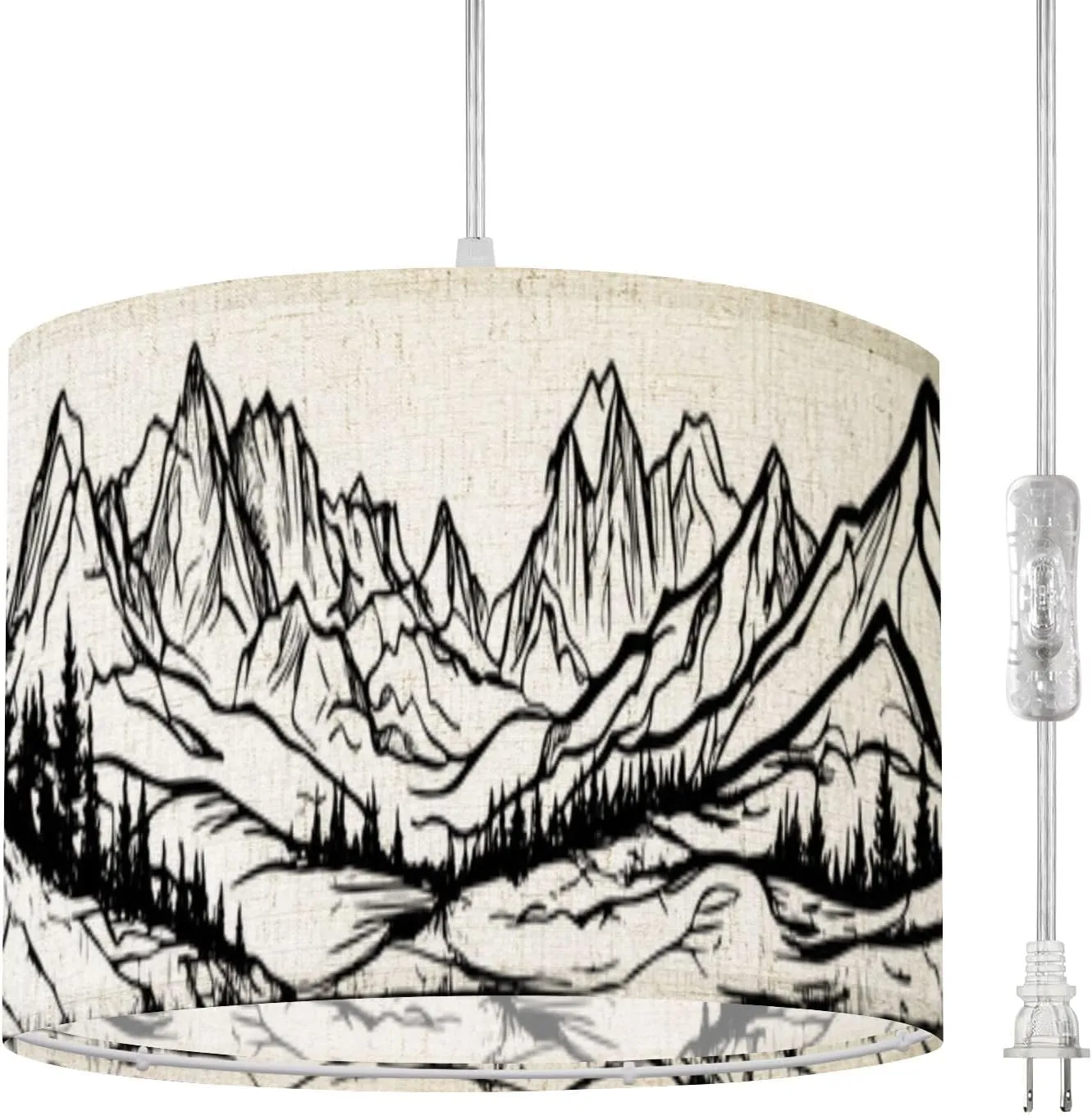 Plug in Pendant Light Sketch Hand Drawn Graphic Mountain ranges Pine Forest Hanging Lamp with Plug in Cord 16.4 ft Dimmable Hanging Light for Bedroom Kitchen Island Living Room