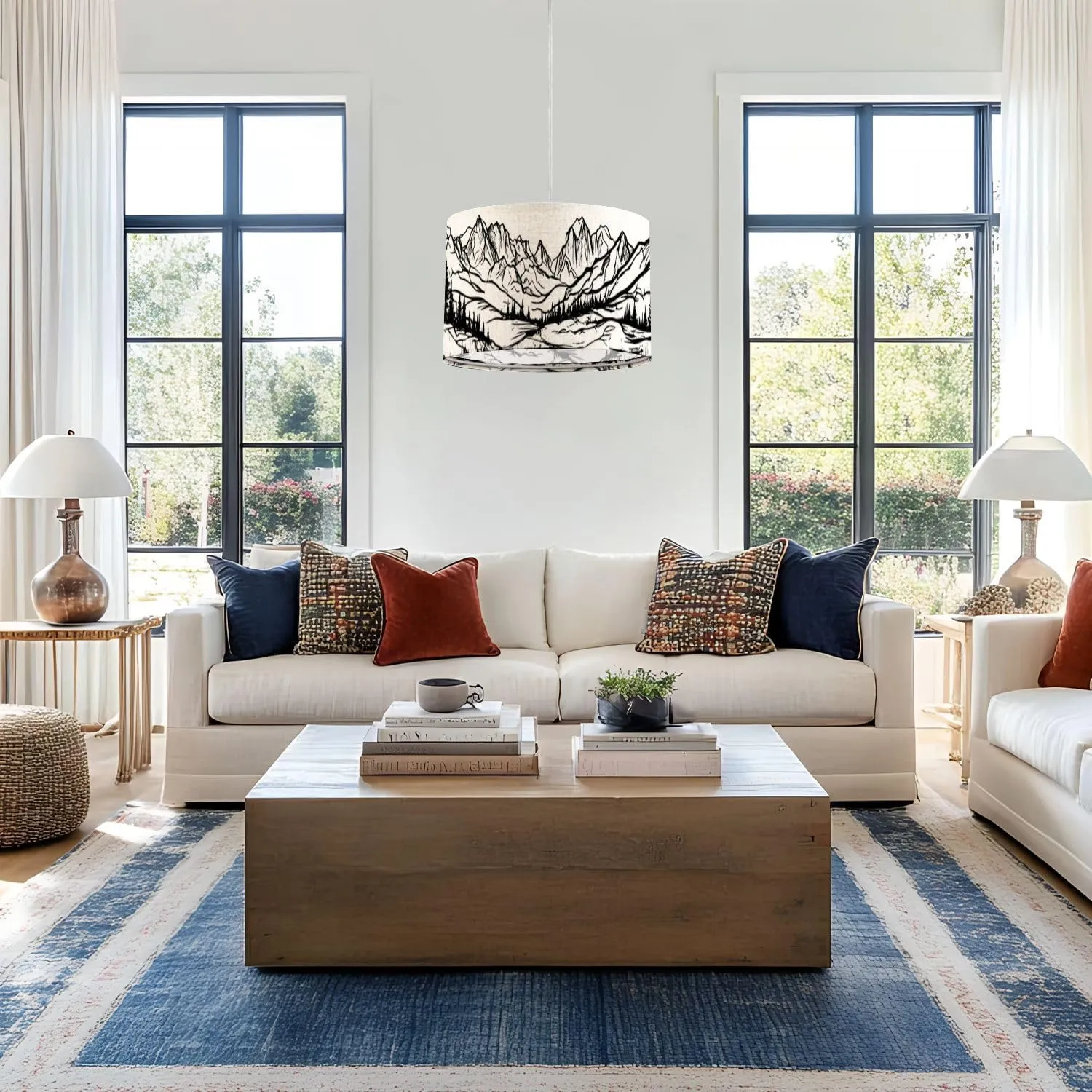 Plug in Pendant Light Sketch Hand Drawn Graphic Mountain ranges Pine Forest Hanging Lamp with Plug in Cord 16.4 ft Dimmable Hanging Light for Bedroom Kitchen Island Living Room