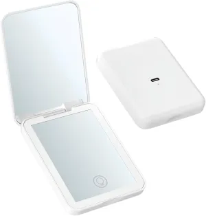 Pocket Mirror, 1X 2X Magnification LED Compact Travel Makeup Mirror with Light for Purse, 2-Sided, Portable, Folding, Handheld, Small Lighted Mirror for Gift (White)