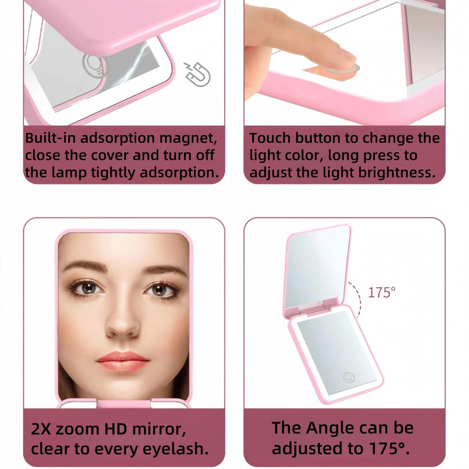 Pocket Mirror, 1X 2X Magnification LED Compact Travel Makeup Mirror with Light for Purse, 2-Sided, Portable, Folding, Handheld, Small Lighted Mirror for Gift (White)
