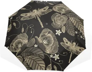 Poeticcity Travel Umbrella, Hand Open Close Windproof Waterproof Folding Umbrella, Black Tape Compact Canopy Strong Anti UV Ray Parasol