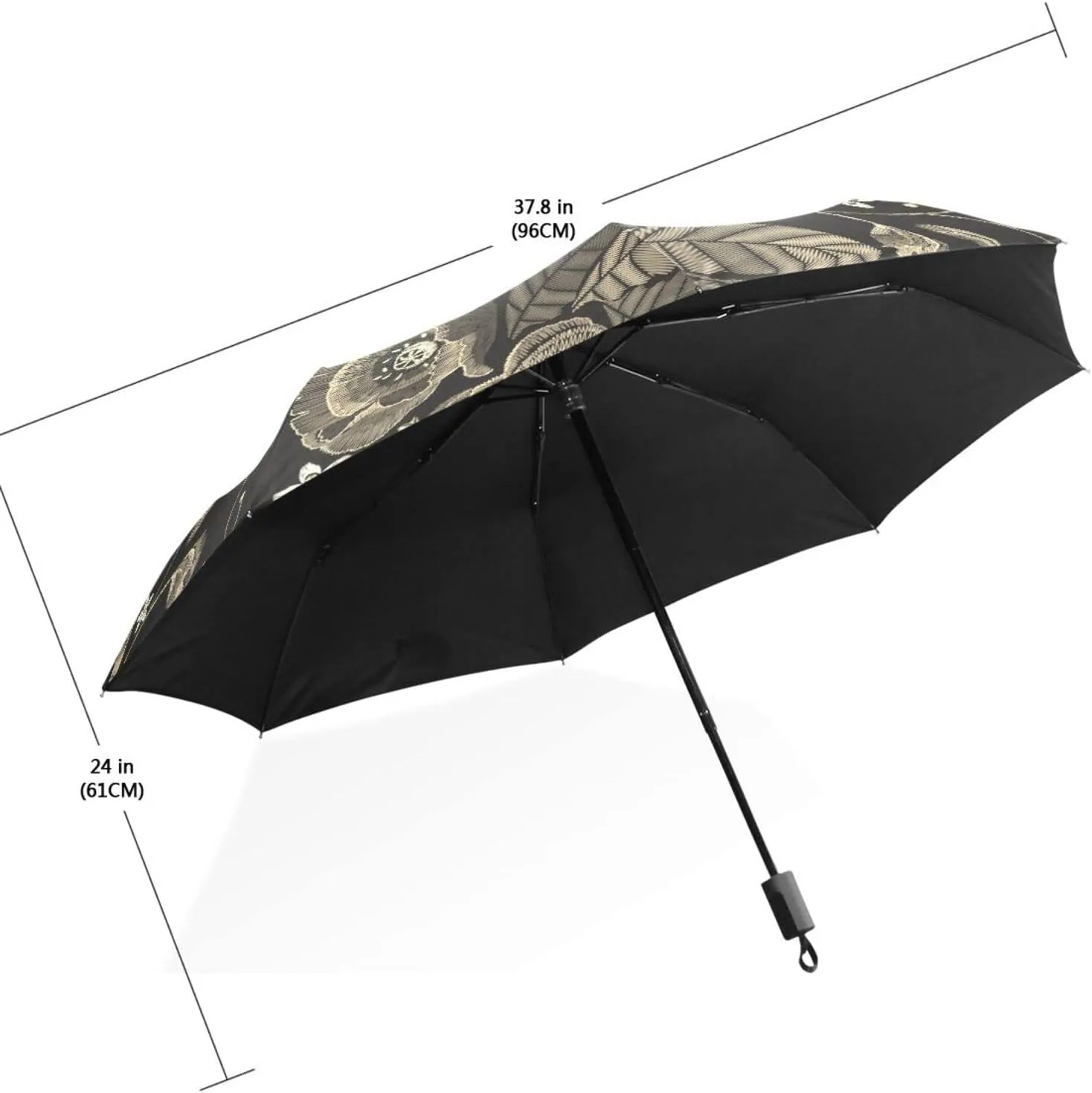 Poeticcity Travel Umbrella, Hand Open Close Windproof Waterproof Folding Umbrella, Black Tape Compact Canopy Strong Anti UV Ray Parasol