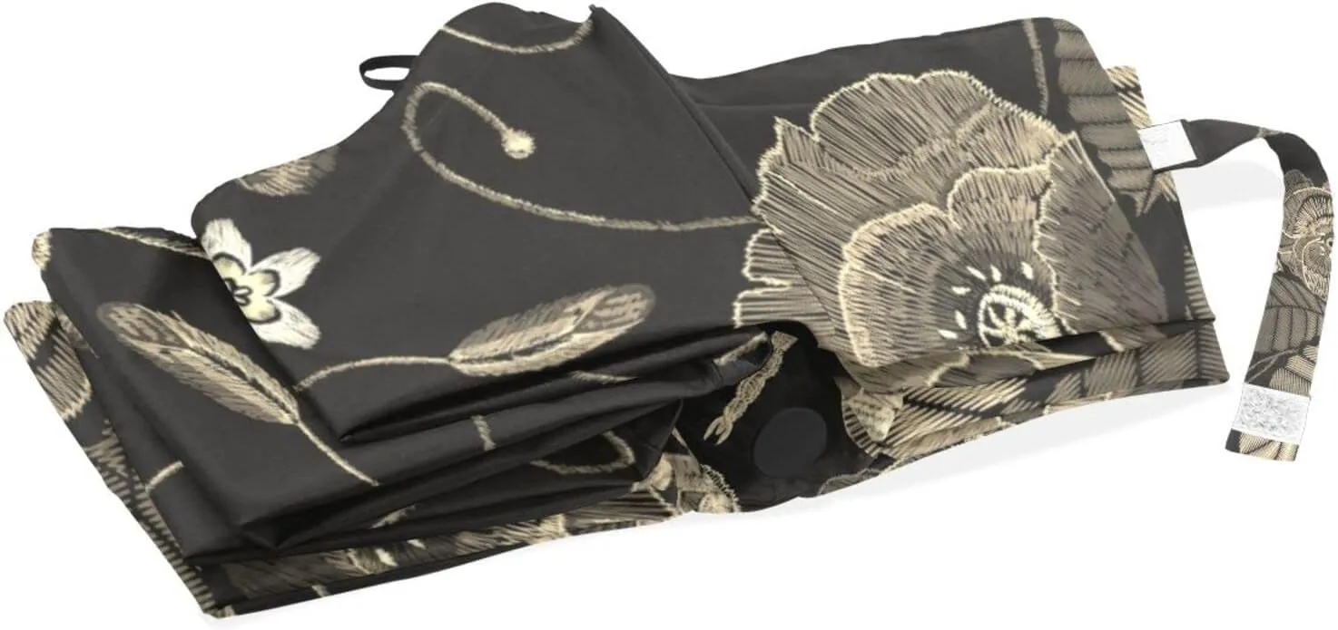 Poeticcity Travel Umbrella, Hand Open Close Windproof Waterproof Folding Umbrella, Black Tape Compact Canopy Strong Anti UV Ray Parasol