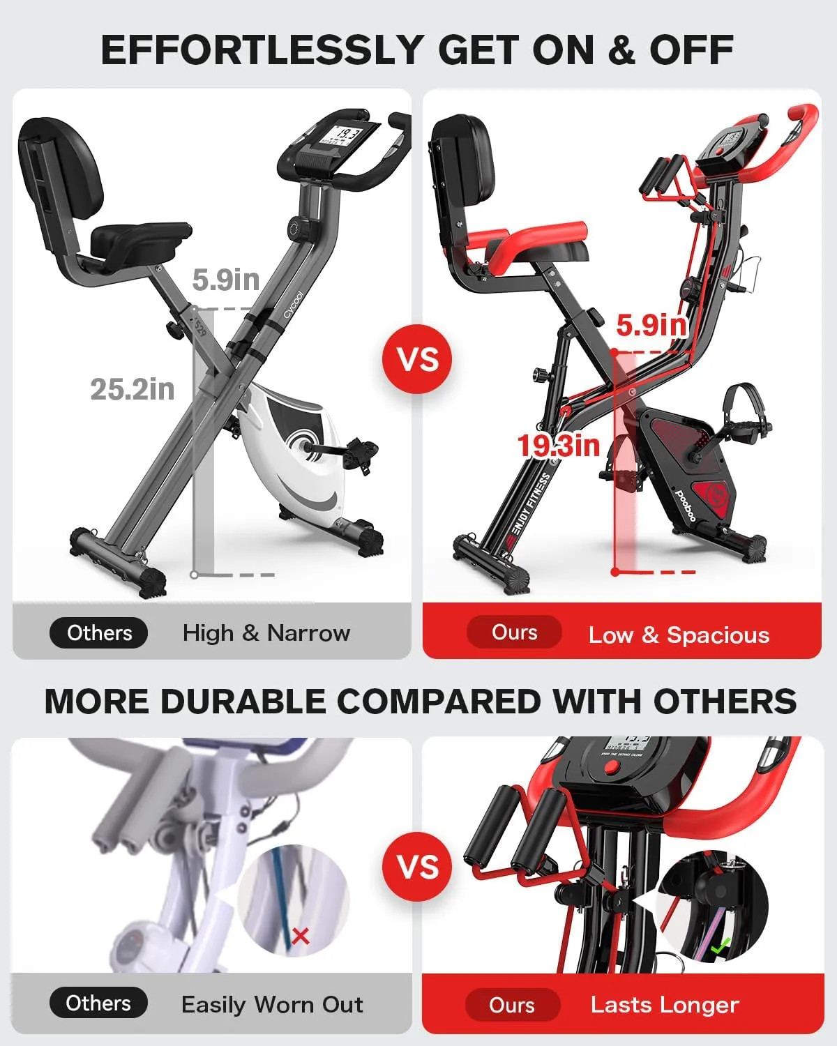 pooboo Folding Exercise Bike, Foldable Fitness Stationary Bike Machine, Upright Indoor Cycling Bike, Magnetic X-Bike with 8-Level Adjustable Resistance, Bottle Holder & Back Support Cushion for Home Gym Workout