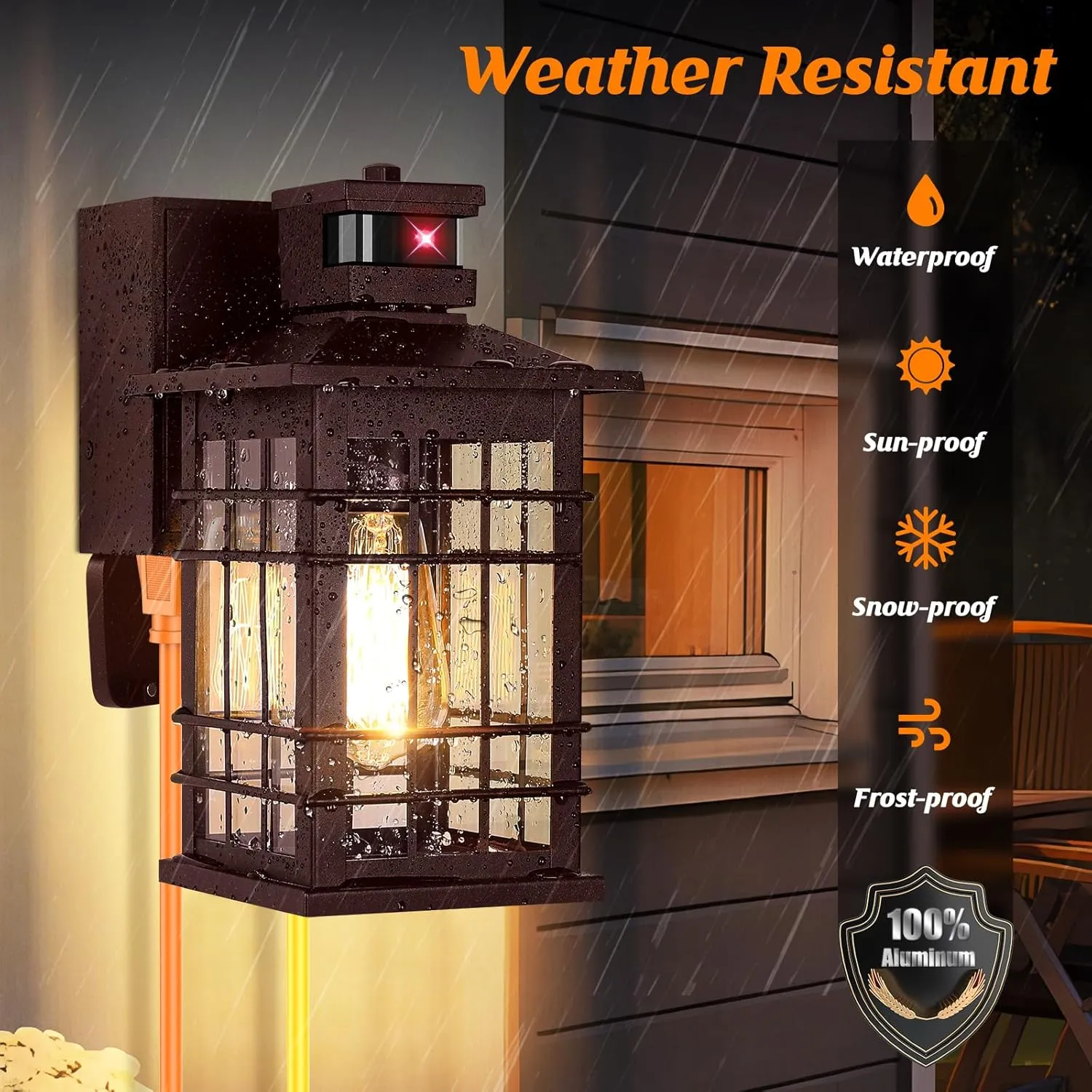 Porch Light with GFCI Outlets, Brown Motion Sensor Dusk to Dawn Outdoor Wall Light Fixture, Waterproof Outside Wall Lantern Sconce 3 Lighting Modes, Exterior Wall Light for Patio Garage Front Door