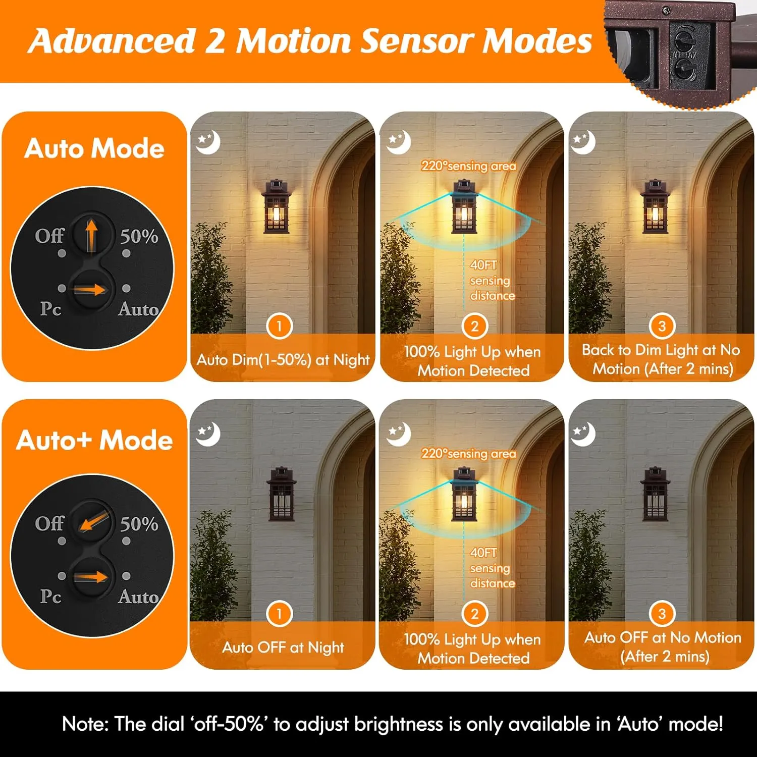 Porch Light with GFCI Outlets, Brown Motion Sensor Dusk to Dawn Outdoor Wall Light Fixture, Waterproof Outside Wall Lantern Sconce 3 Lighting Modes, Exterior Wall Light for Patio Garage Front Door