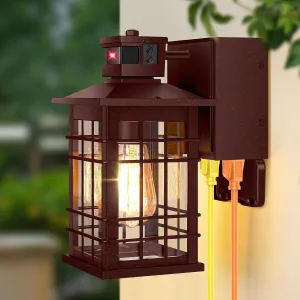 Porch Light with GFCI Outlets, Brown Motion Sensor Dusk to Dawn Outdoor Wall Light Fixture, Waterproof Outside Wall Lantern Sconce 3 Lighting Modes, Exterior Wall Light for Patio Garage Front Door