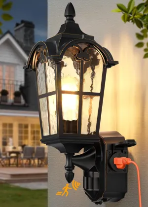 Porch Lights with Outlet, Outdoor Motion Sensor Lights, Dusk to Dawn Exterior Light Fixture, Anti-Rust Waterproof Outdoor Wall Sconce, Aluminum Outside Lights for House Patio Front Door Garage, Black