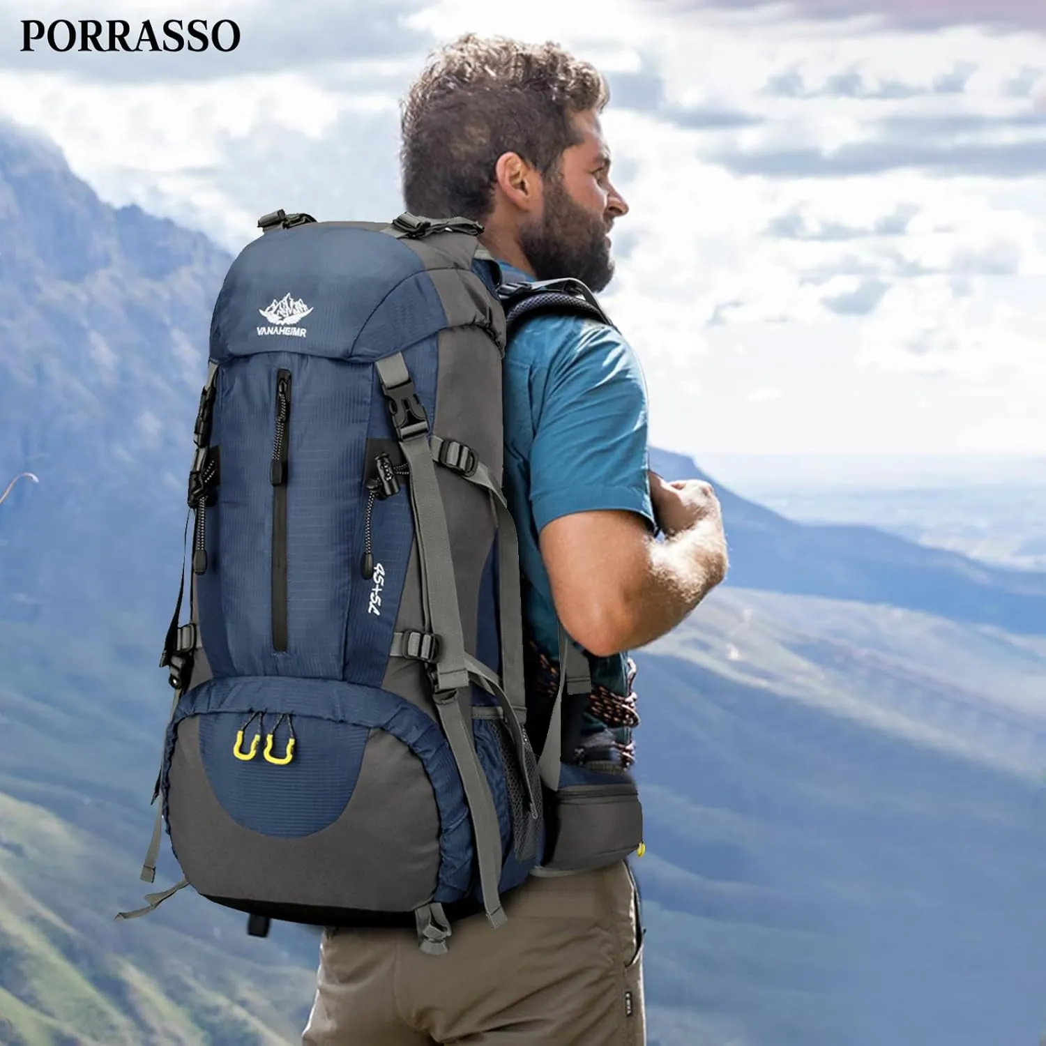 PORRASSO Hiking Backpack Waterproof Daypack 50L Rucksack with Rain Cover Backpack for Travel Trekking Camping Climbing Outdoor Sports Dark Blue