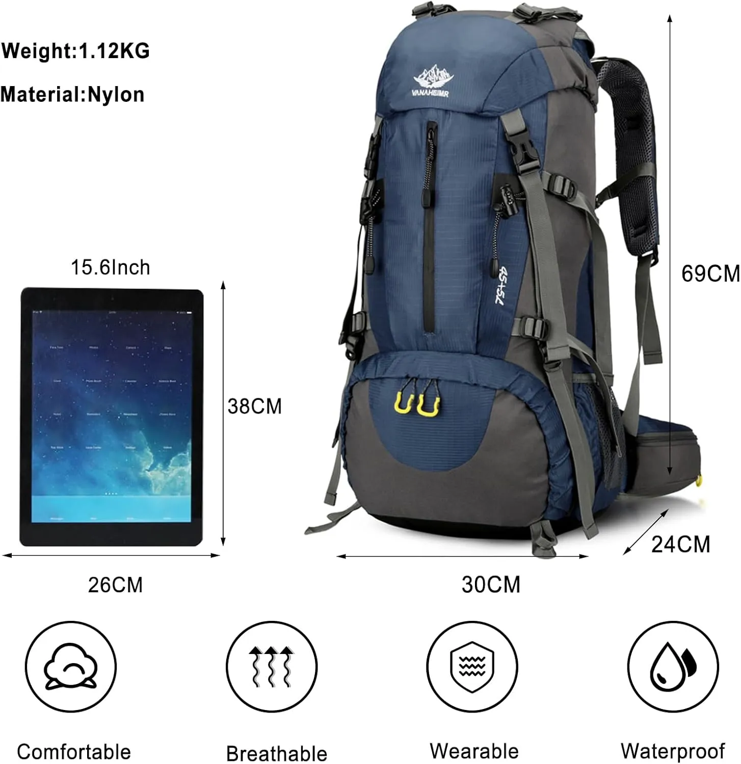 PORRASSO Hiking Backpack Waterproof Daypack 50L Rucksack with Rain Cover Backpack for Travel Trekking Camping Climbing Outdoor Sports Dark Blue