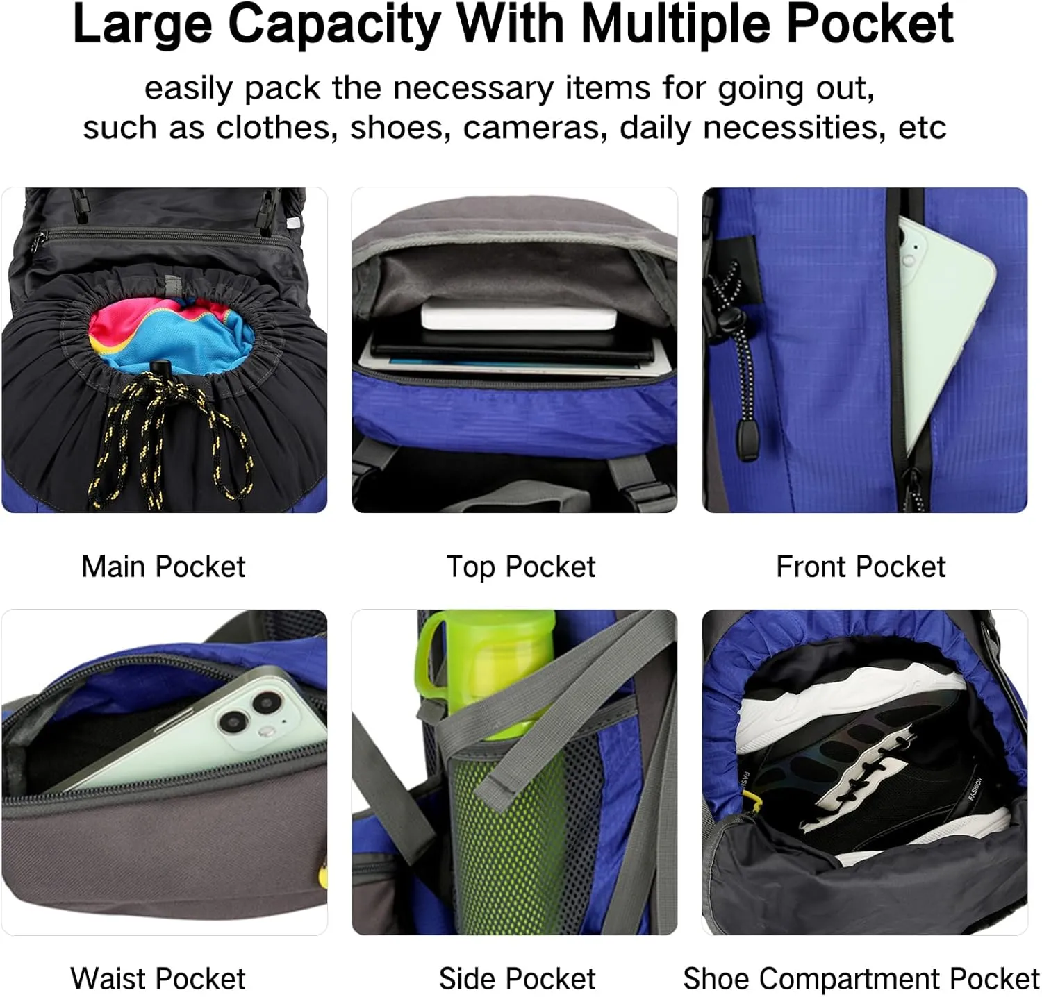 PORRASSO Hiking Backpack Waterproof Daypack 50L Rucksack with Rain Cover Backpack for Travel Trekking Camping Climbing Outdoor Sports Dark Blue