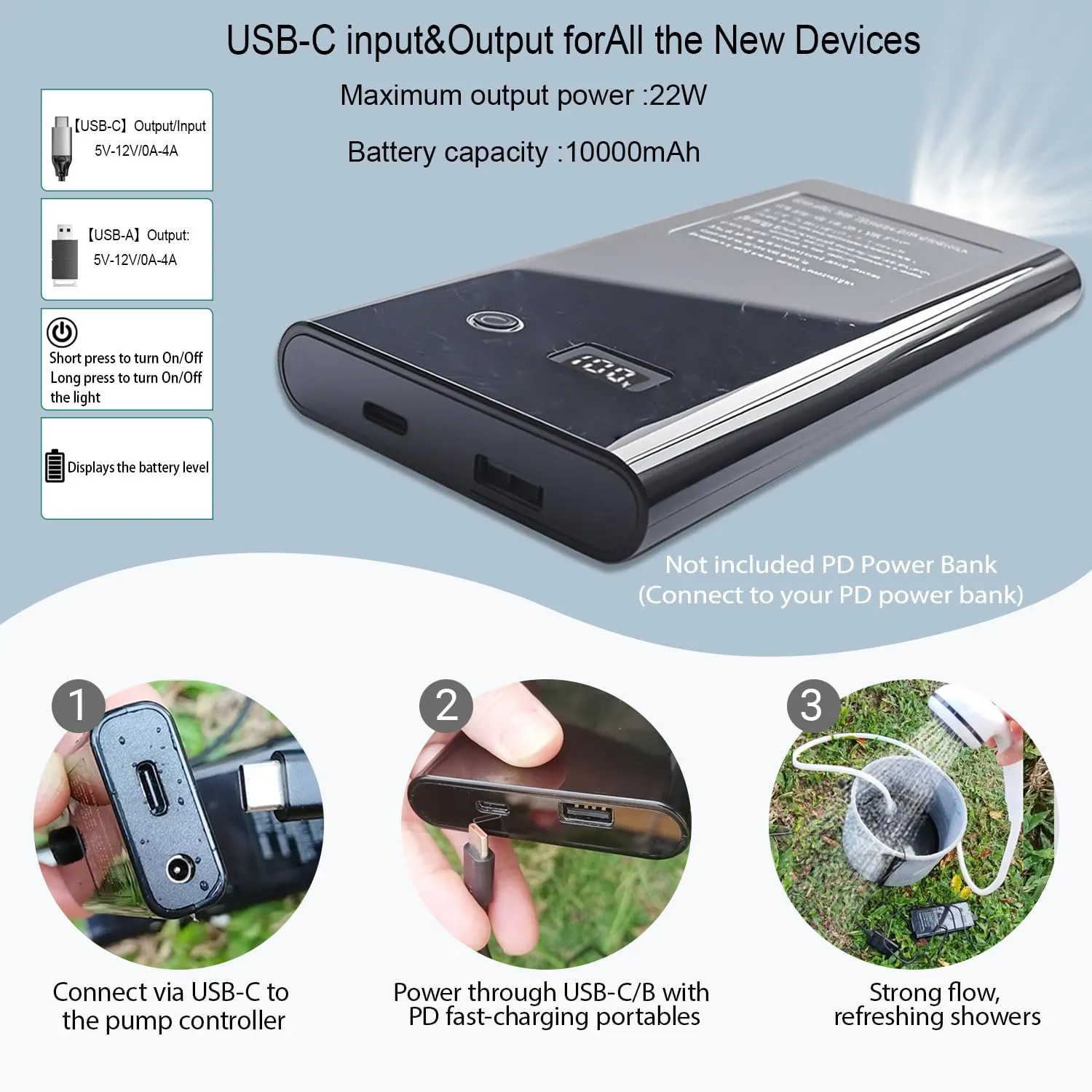 Portable 12V High Pressure Camp Shower Pump Compatible with Car Lighter Plug&PD fast charging portable power banks by USB-C,Outdoor Shower for Camping,RV (Grey-USB-C(Connect to your PD power bank))