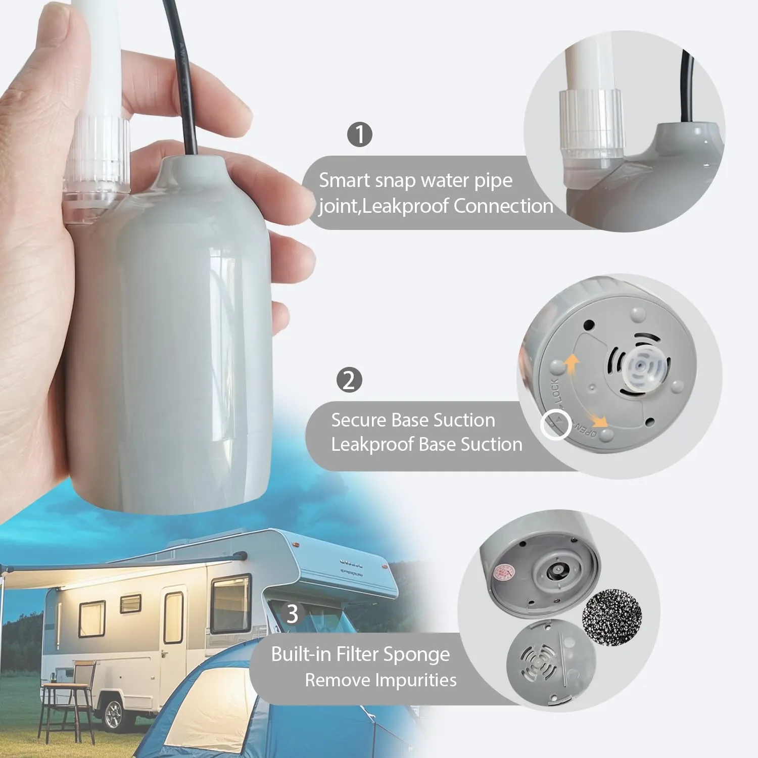 Portable 12V High Pressure Camp Shower Pump Compatible with Car Lighter Plug&PD fast charging portable power banks by USB-C,Outdoor Shower for Camping,RV (Grey-USB-C(Connect to your PD power bank))