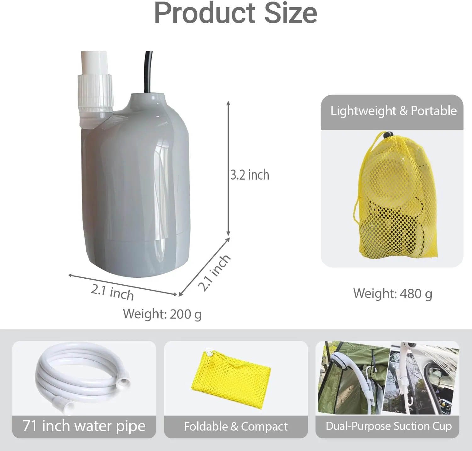 Portable 12V High Pressure Camp Shower Pump Compatible with Car Lighter Plug&PD fast charging portable power banks by USB-C,Outdoor Shower for Camping,RV (Grey-USB-C(Connect to your PD power bank))