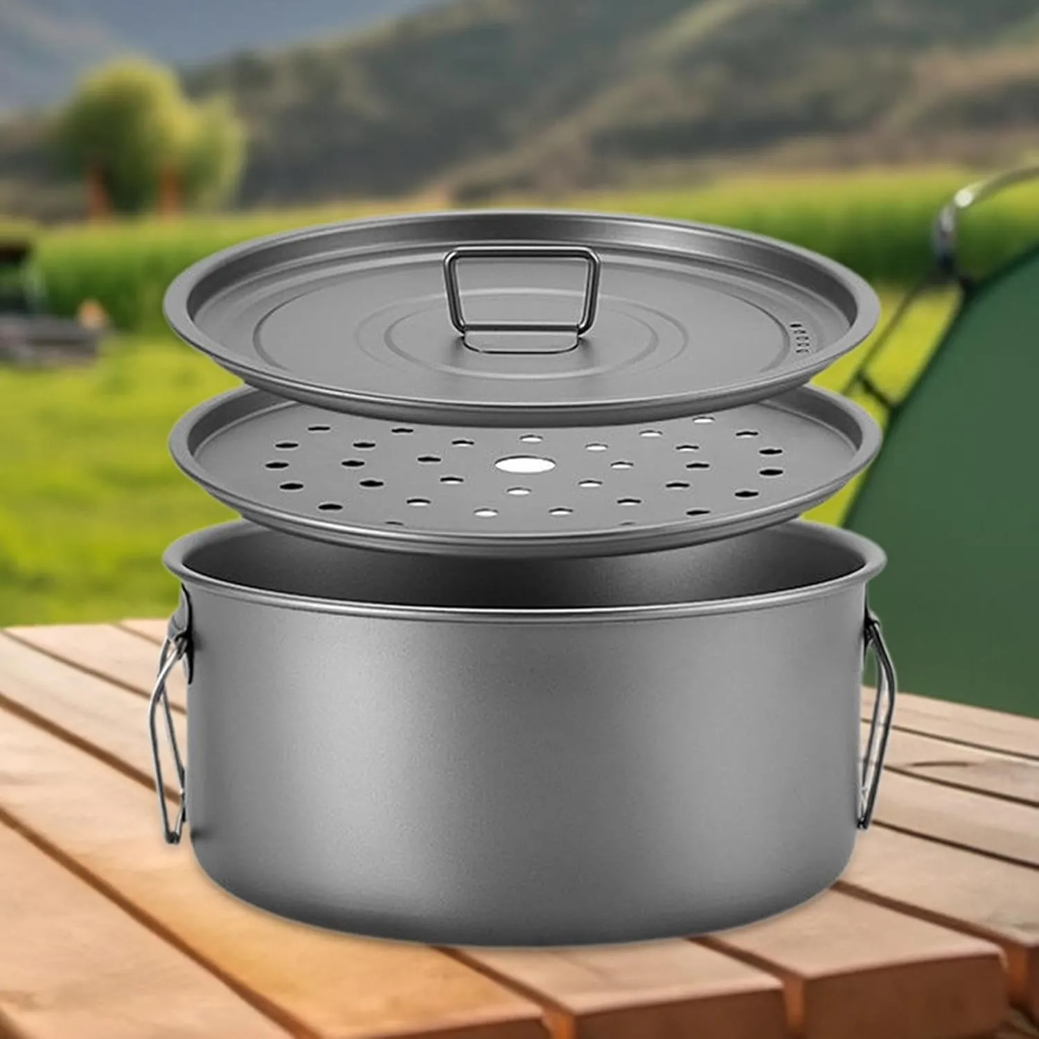 Portable Cooking Equipment Camping Pot with Lid 2200ml Camping Cookware Bowl with Lid Titanium Camping Mug for Picnic Cooking