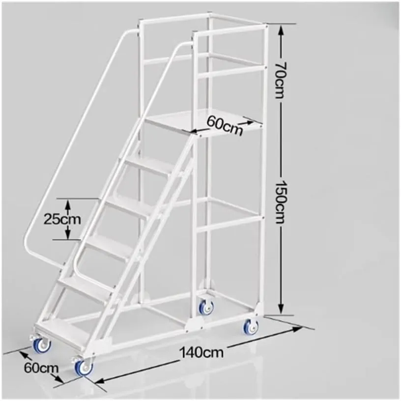 Portable Folding Ladder Mobile Climbing Ladder1.5 M, Warehouse Supermarket Platform Ladder, with Wheels, High Altitude Climbing Vehicle Step Ladder(Gris)