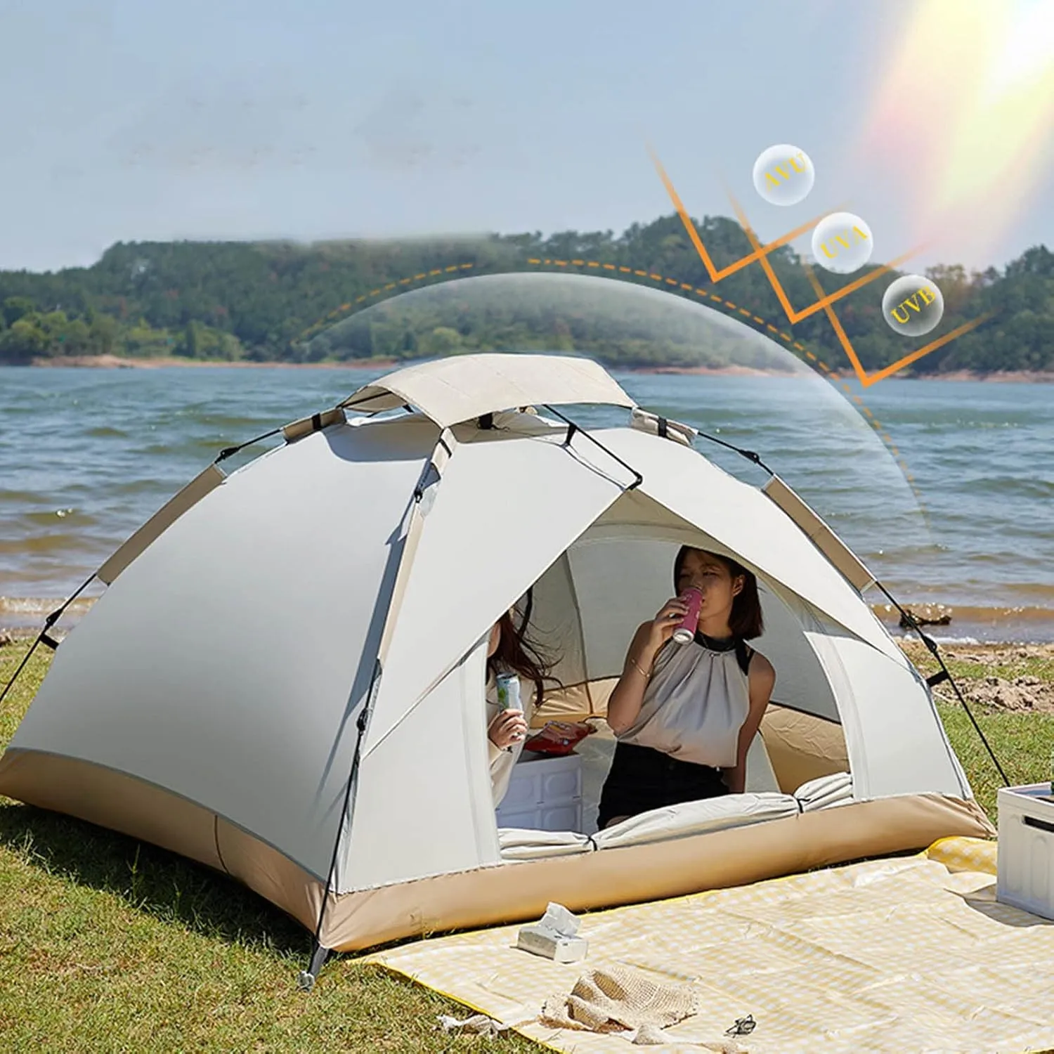 Portable Quick Open Tent Strong Stability Sunproof Rainproof, Easy Pop Up Tent for Beach Camping, Suitable for Leisure Camping, Hiking, Fiberglass Rod, Silver Tape, Oxford Cloth
