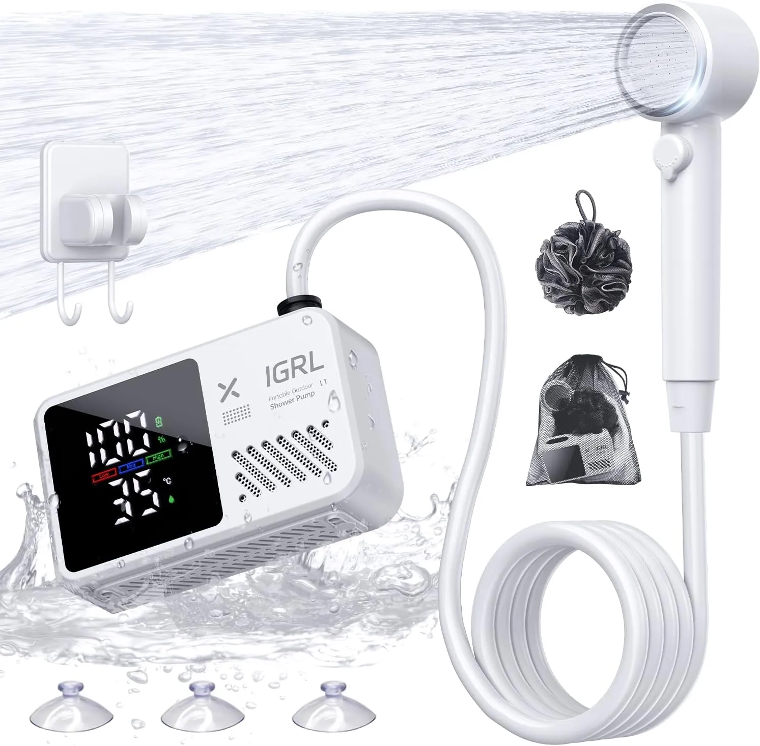 Portable Shower for Camping- Powerful 10L/Min Water Flow, Rechargeable Shower Pump with Bath Sponge, 4 Spray Modes, IPX8 Waterproof, 7800mAh Battery, Ideal for Hiking, Travel, Pet, Car Wash
