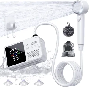 Portable Shower for Camping- Powerful 10L/Min Water Flow, Rechargeable Shower Pump with Bath Sponge, 4 Spray Modes, IPX8 Waterproof, 7800mAh Battery, Ideal for Hiking, Travel, Pet, Car Wash