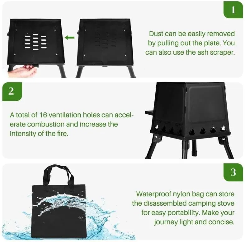 Portable Wood Burning Camp Stove, Black, Folding Design with Carrying Case, 16 Ventilation Holes for Outdoor Cooking and Backpacking (1, 10.63"D x 10.63"W x 13.39"H)