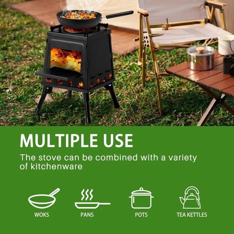 Portable Wood Burning Camp Stove, Black, Folding Design with Carrying Case, 16 Ventilation Holes for Outdoor Cooking and Backpacking (1, 10.63"D x 10.63"W x 13.39"H)