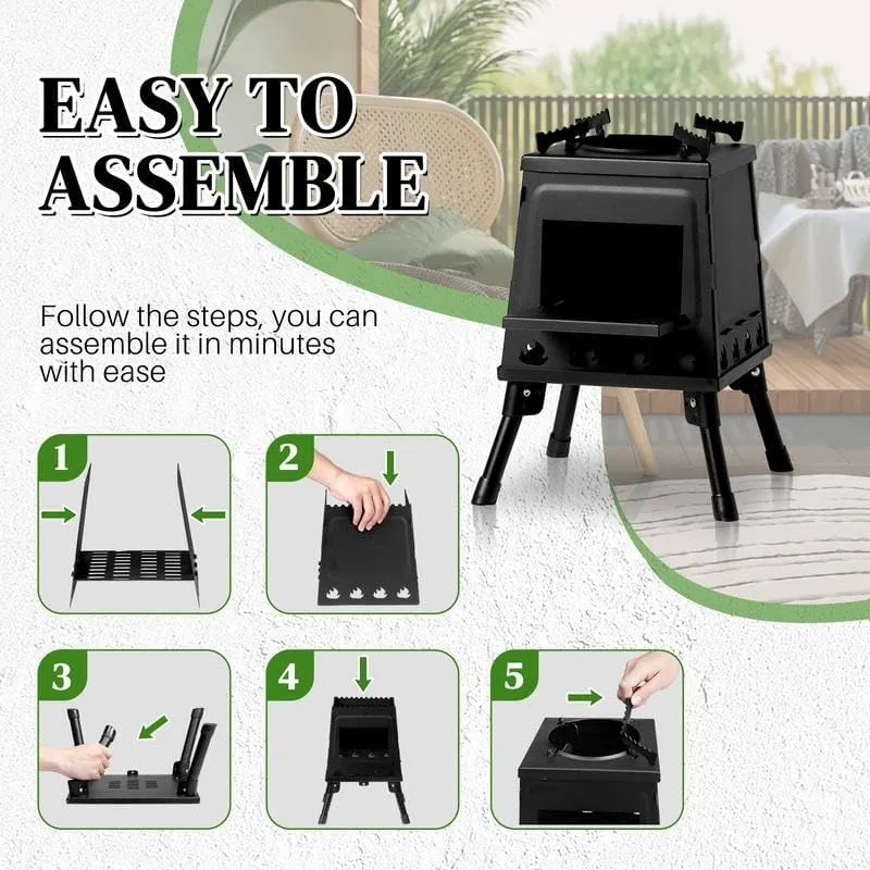 Portable Wood Burning Camp Stove, Black, Folding Design with Carrying Case, 16 Ventilation Holes for Outdoor Cooking and Backpacking (1, 10.63"D x 10.63"W x 13.39"H)