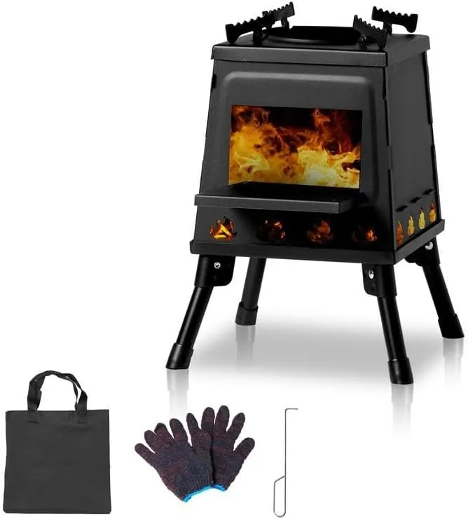 Portable Wood Burning Camp Stove, Black, Folding Design with Carrying Case, 16 Ventilation Holes for Outdoor Cooking and Backpacking (1, 10.63"D x 10.63"W x 13.39"H)