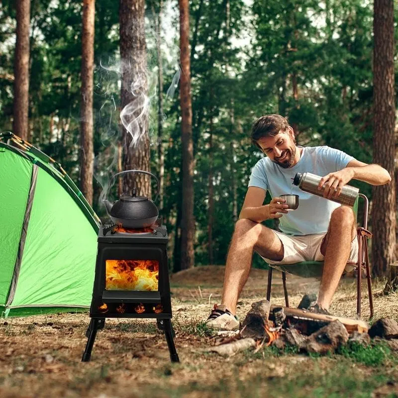 Portable Wood Burning Camp Stove, Black, Folding Design with Carrying Case, 16 Ventilation Holes for Outdoor Cooking and Backpacking (1, 10.63"D x 10.63"W x 13.39"H)