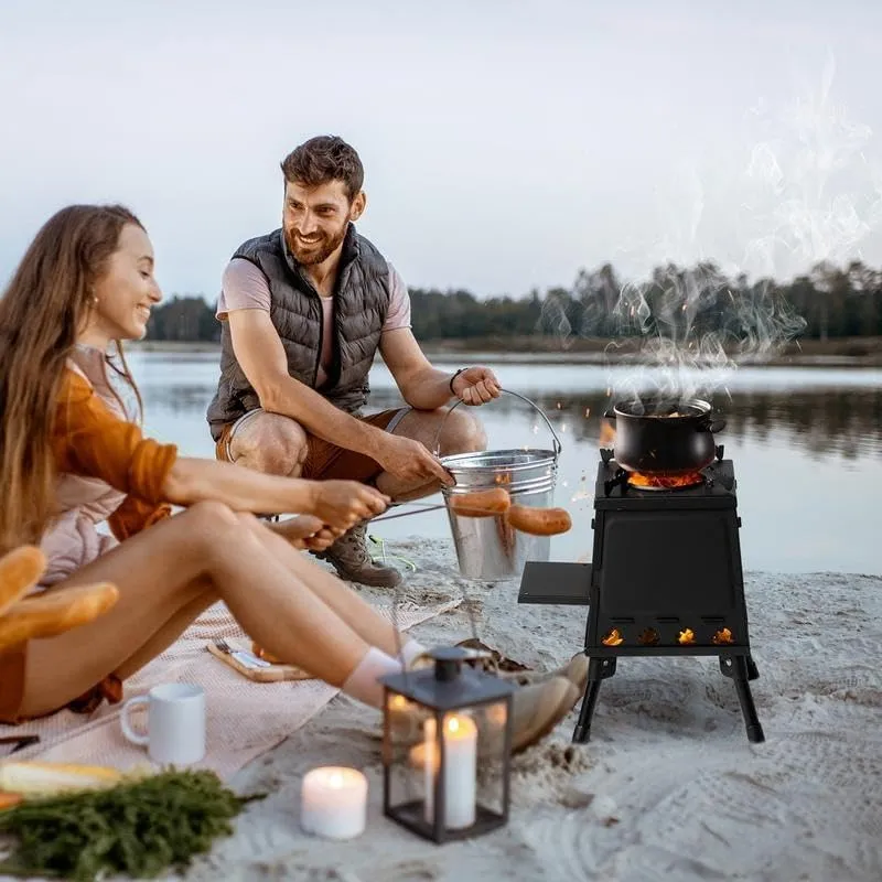 Portable Wood Burning Camp Stove, Black, Folding Design with Carrying Case, 16 Ventilation Holes for Outdoor Cooking and Backpacking (1, 10.63"D x 10.63"W x 13.39"H)