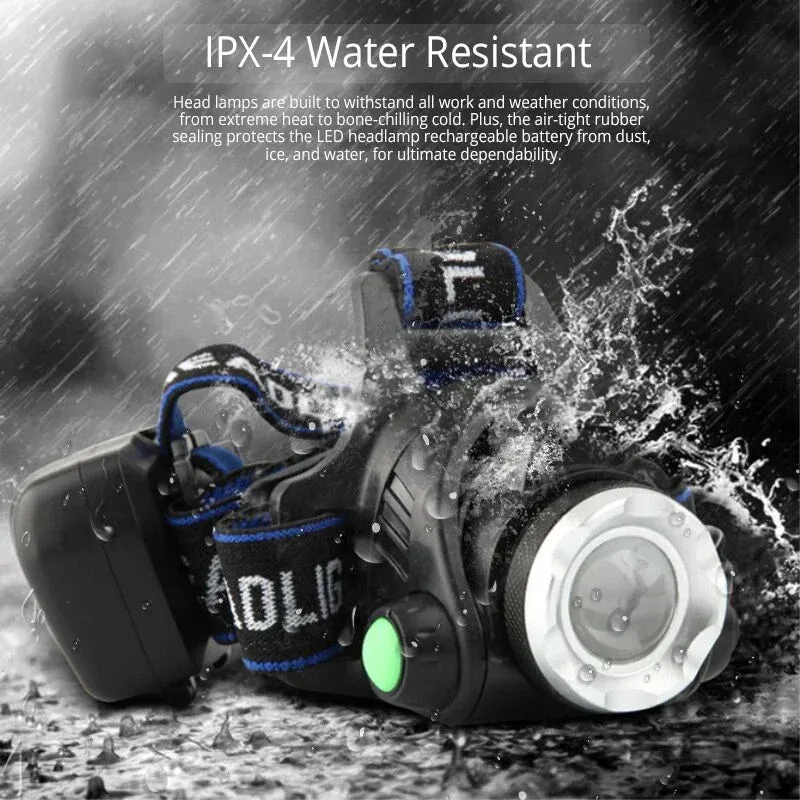 Powerful LED Headlamp, 1000 Lumens, Rechargeable, Telescopic Zoomable, IPX4 Waterproof, 50W High Lumen Head Torch with Adjustable 90° Angle