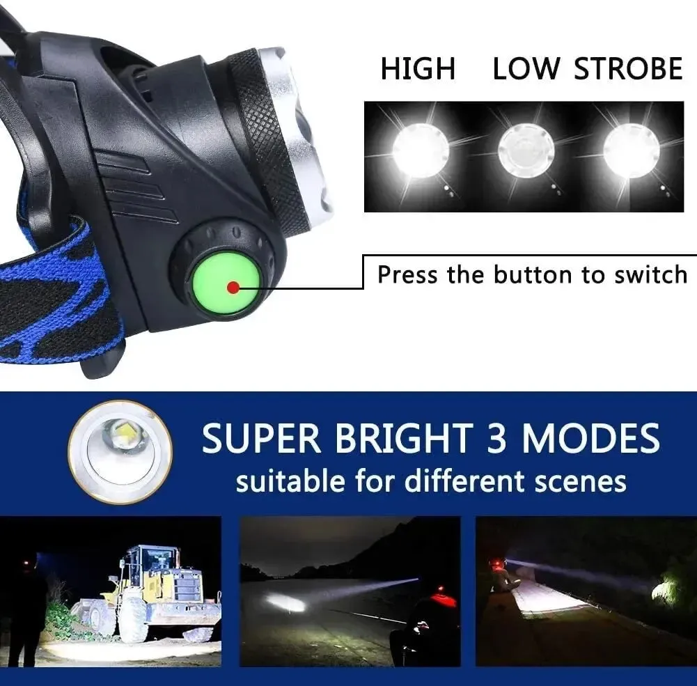 Powerful LED Headlamp, 1000 Lumens, Rechargeable, Telescopic Zoomable, IPX4 Waterproof, 50W High Lumen Head Torch with Adjustable 90° Angle