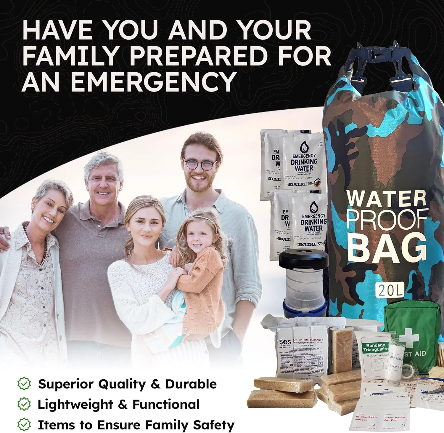 Pre-Packed Hurricane Kit - Comprehensive Hurricane Preparedness Items - Essential Hurricane Supplies - Complete Hurricane Supply List in a Waterproof Bag for 2 People