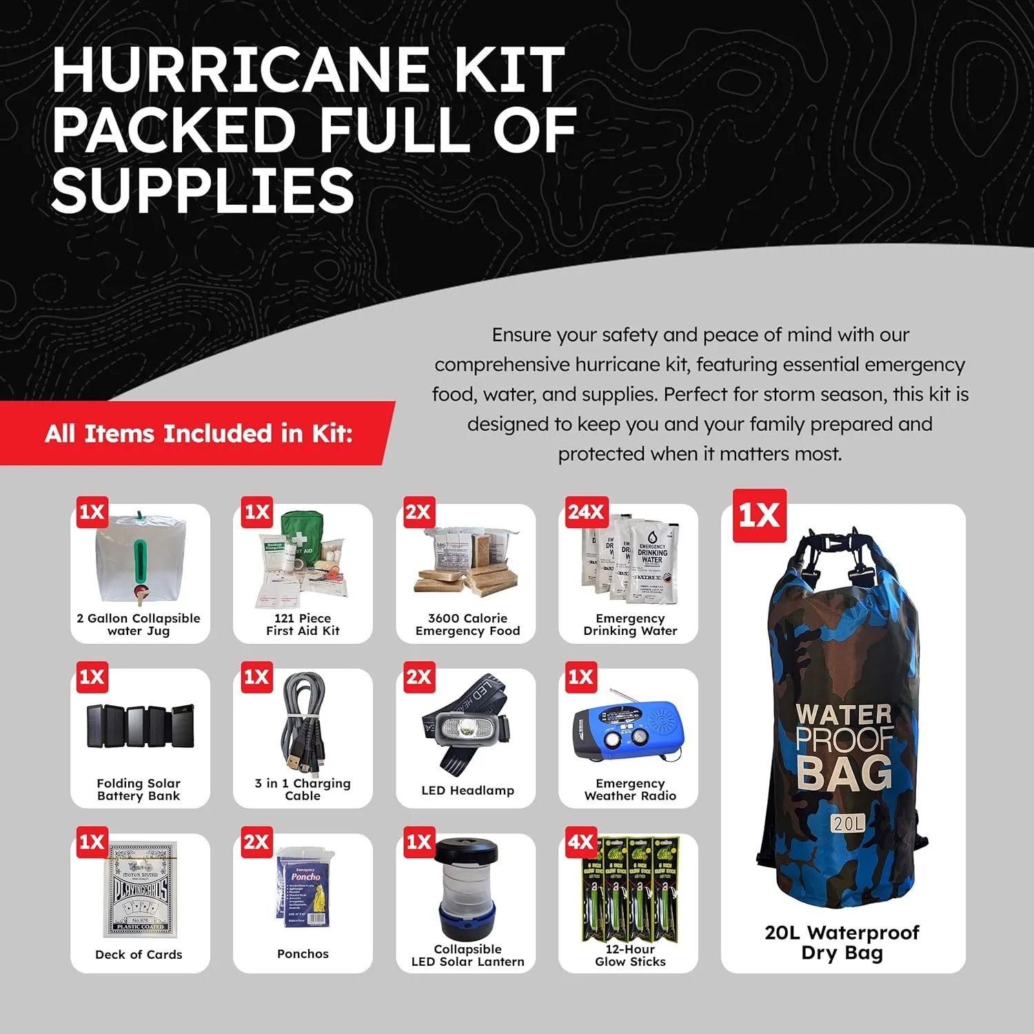 Pre-Packed Hurricane Kit - Comprehensive Hurricane Preparedness Items - Essential Hurricane Supplies - Complete Hurricane Supply List in a Waterproof Bag for 2 People