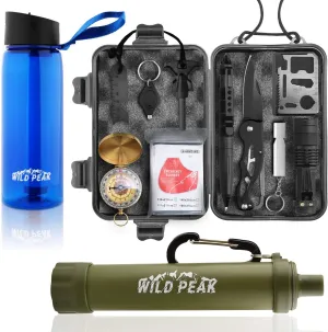 Prepare-1 Survival Tool Kit Bundle with Stay Alive-4 Outdoor 4-Stage Water Filter Emergency 22oz Bottle and Stay Alive-2 Outdoor Water Straw for Camping, Hiking, Climbing, Fishing & Hunting