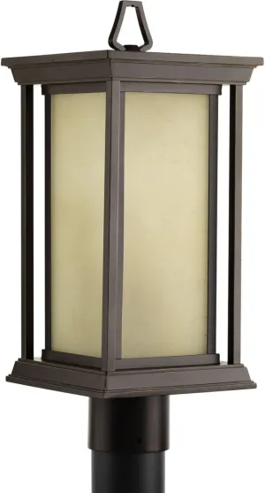 Progress Lighting Endicott Collection 1-Light Etched Umber Linen Glass Craftsman Outdoor Post Lantern Light Antique Bronze