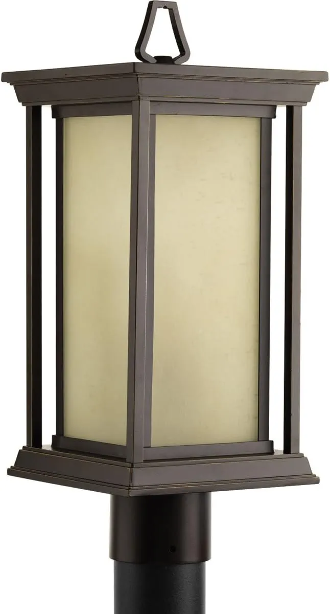 Progress Lighting Endicott Collection 1-Light Etched Umber Linen Glass Craftsman Outdoor Post Lantern Light Antique Bronze