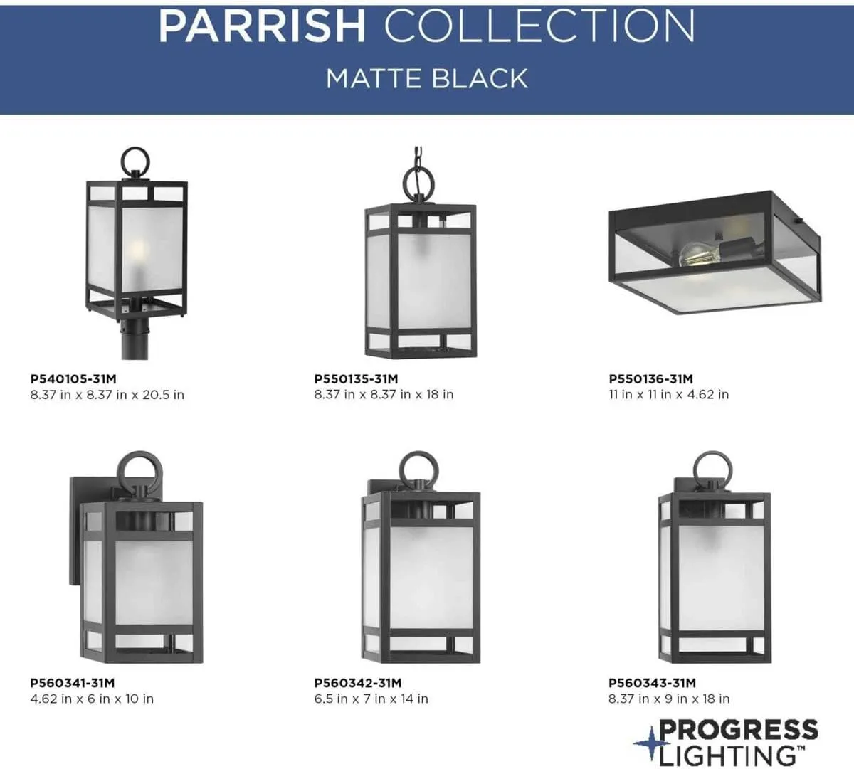 Progress Lighting Parrish Collection One-Light Matte Black Clear and Etched Glass Modern Craftsman Outdoor Medium Wall Lantern (P560342-31M)
