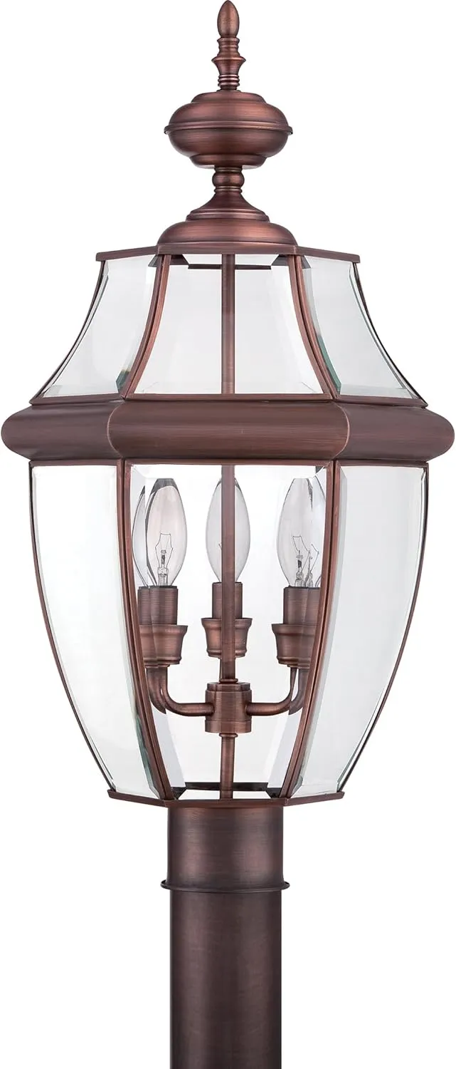 Quoizel Newbury Outdoor Post Lantern, 23 Inch 3-Light Aged Copper French Country Lamp Post, Outside Pole Light Fixture for Patio, Porch, Fences, Garden, Pool, Entryway or Driveway