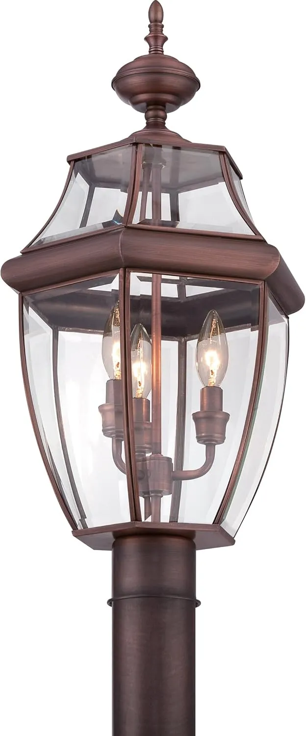 Quoizel Newbury Outdoor Post Lantern, 23 Inch 3-Light Aged Copper French Country Lamp Post, Outside Pole Light Fixture for Patio, Porch, Fences, Garden, Pool, Entryway or Driveway