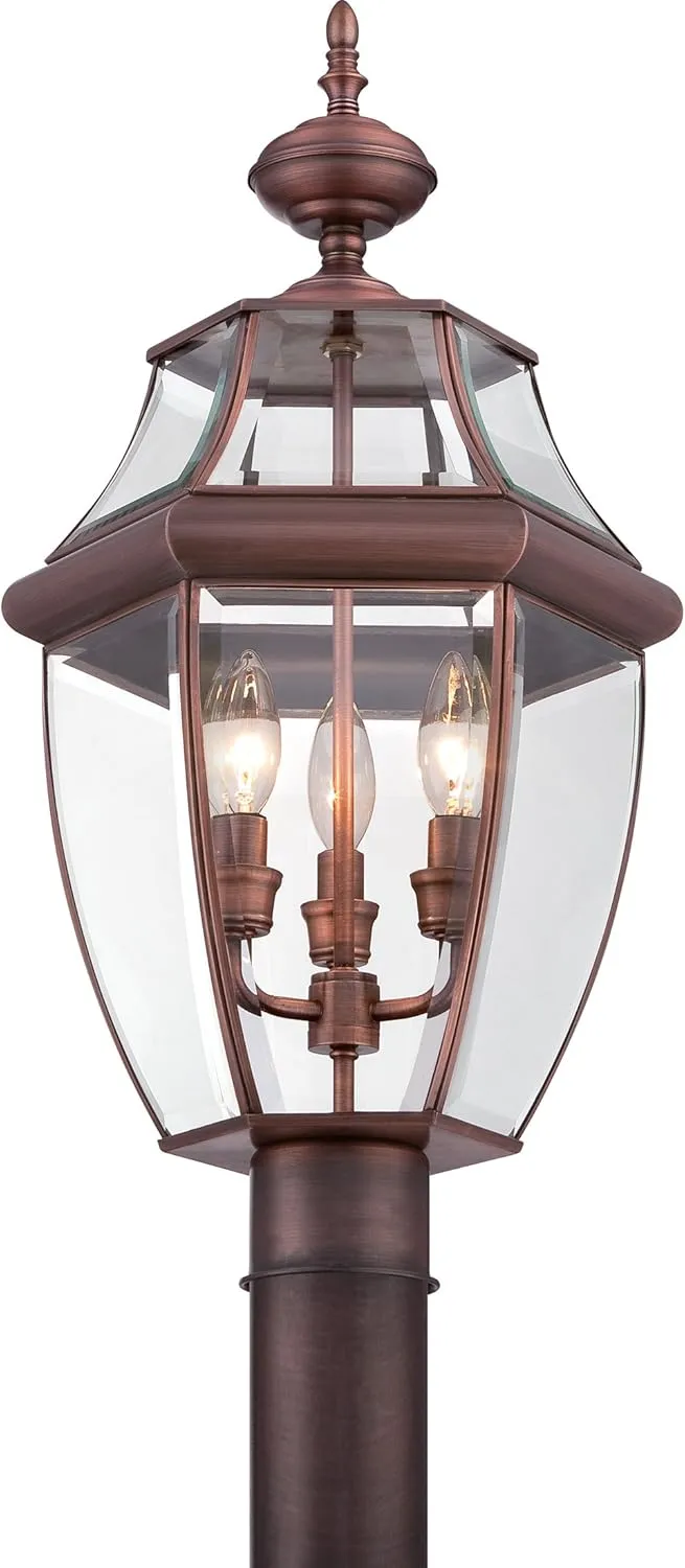 Quoizel Newbury Outdoor Post Lantern, 23 Inch 3-Light Aged Copper French Country Lamp Post, Outside Pole Light Fixture for Patio, Porch, Fences, Garden, Pool, Entryway or Driveway