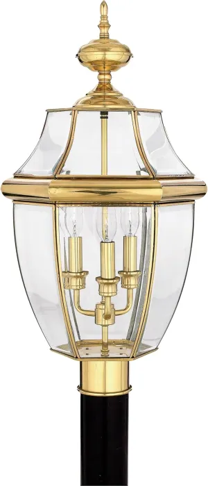 Quoizel Newbury Outdoor Post Lantern, 23 Inch 3-Light Polished Brass French Country Lamp Post, Outside Pole Light Fixture for Patio, Porch, Fences, Garden, Pool, Entryway or Driveway