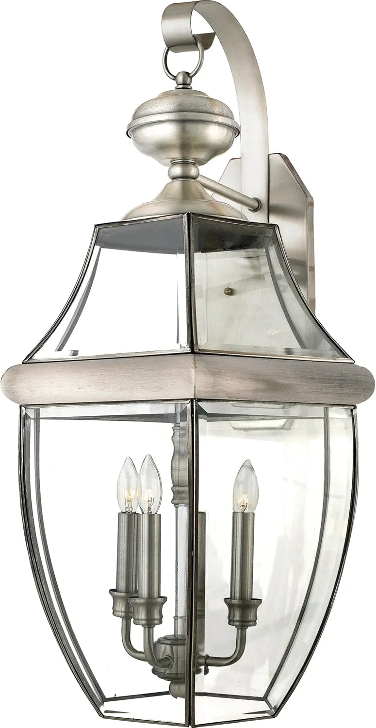 Quoizel Newbury Outdoor Wall Lantern, 23 Inch 3-Light Pewter Sconce, French Country Exterior Lantern Fixture, E12 Base, Clear Glass, Outside Lights for Patio, Porch, Garage or Yard