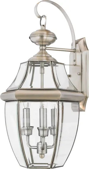 Quoizel Newbury Outdoor Wall Lantern, 23 Inch 3-Light Pewter Sconce, French Country Exterior Lantern Fixture, E12 Base, Clear Glass, Outside Lights for Patio, Porch, Garage or Yard