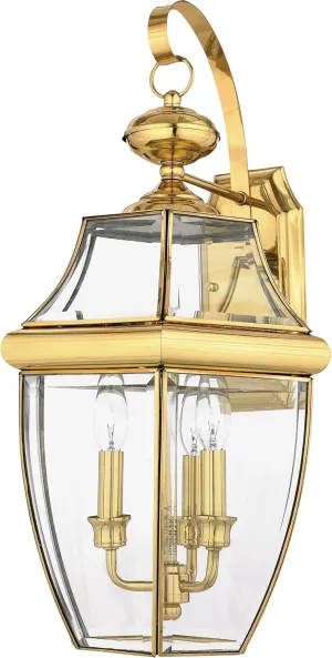 Quoizel Newbury Outdoor Wall Lantern, 23 Inch 3-Light Polished Brass Sconce, French Country Exterior Lantern Fixture, E12 Base, Clear Glass, Outside Lights for Patio, Porch, Garage or Yard